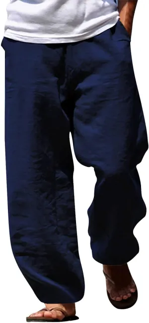 Mens Cotton Linen Drawstring Pants Summer Fashion Resort Wear Pants for Men 2024 Straight Lightweight Loose Fit Yoga Pants