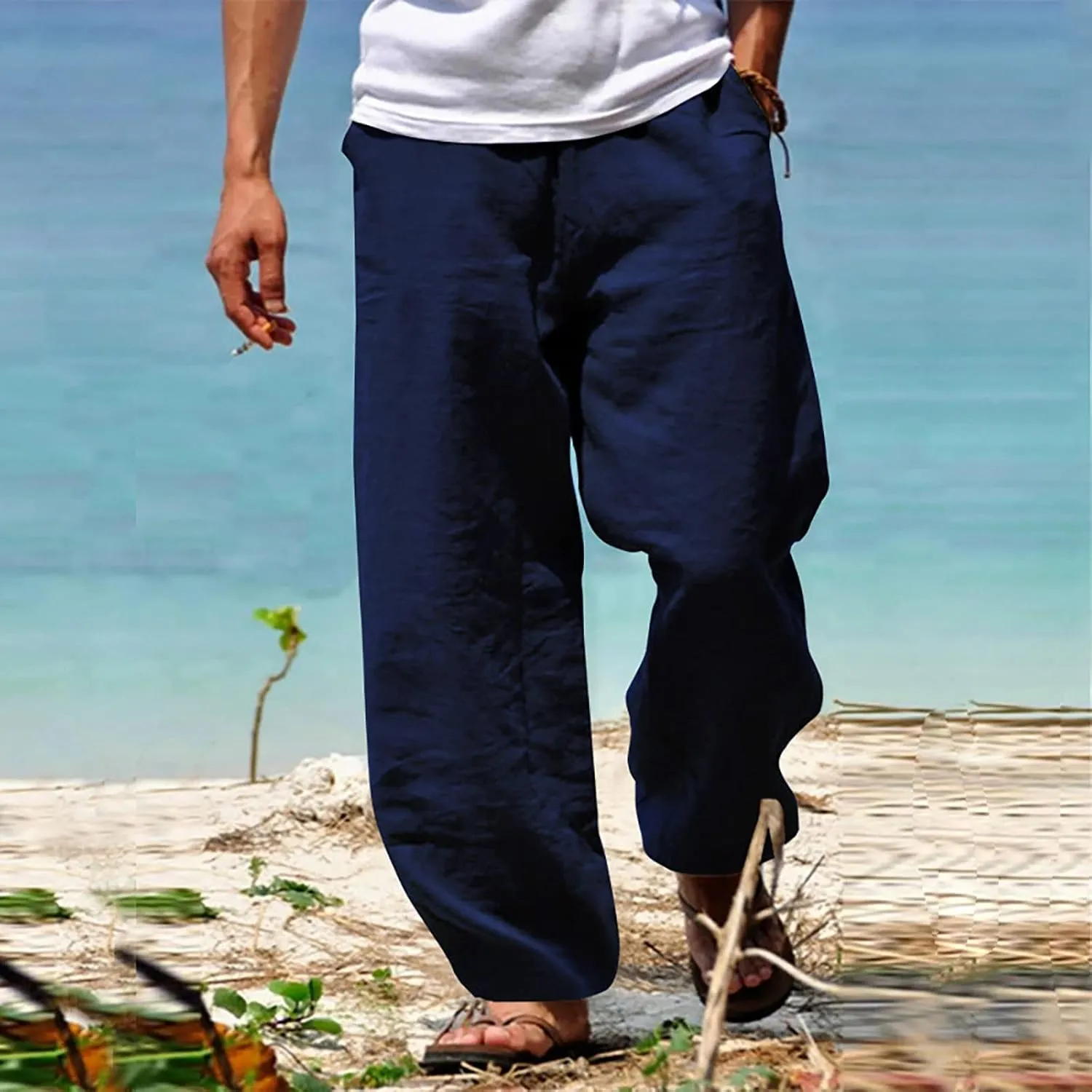 Mens Cotton Linen Drawstring Pants Summer Fashion Resort Wear Pants for Men 2024 Straight Lightweight Loose Fit Yoga Pants