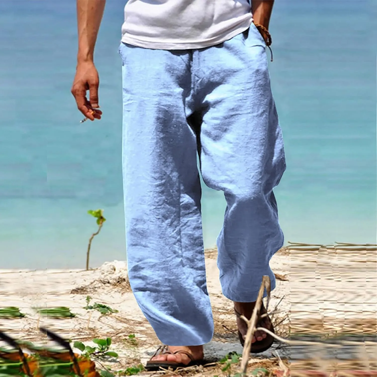 Mens Cotton Linen Drawstring Pants Summer Fashion Resort Wear Pants for Men 2024 Straight Lightweight Loose Fit Yoga Pants