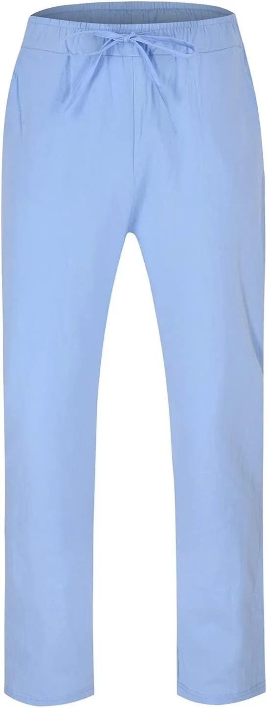 Mens Cotton Linen Drawstring Pants Summer Fashion Resort Wear Pants for Men 2024 Straight Lightweight Loose Fit Yoga Pants