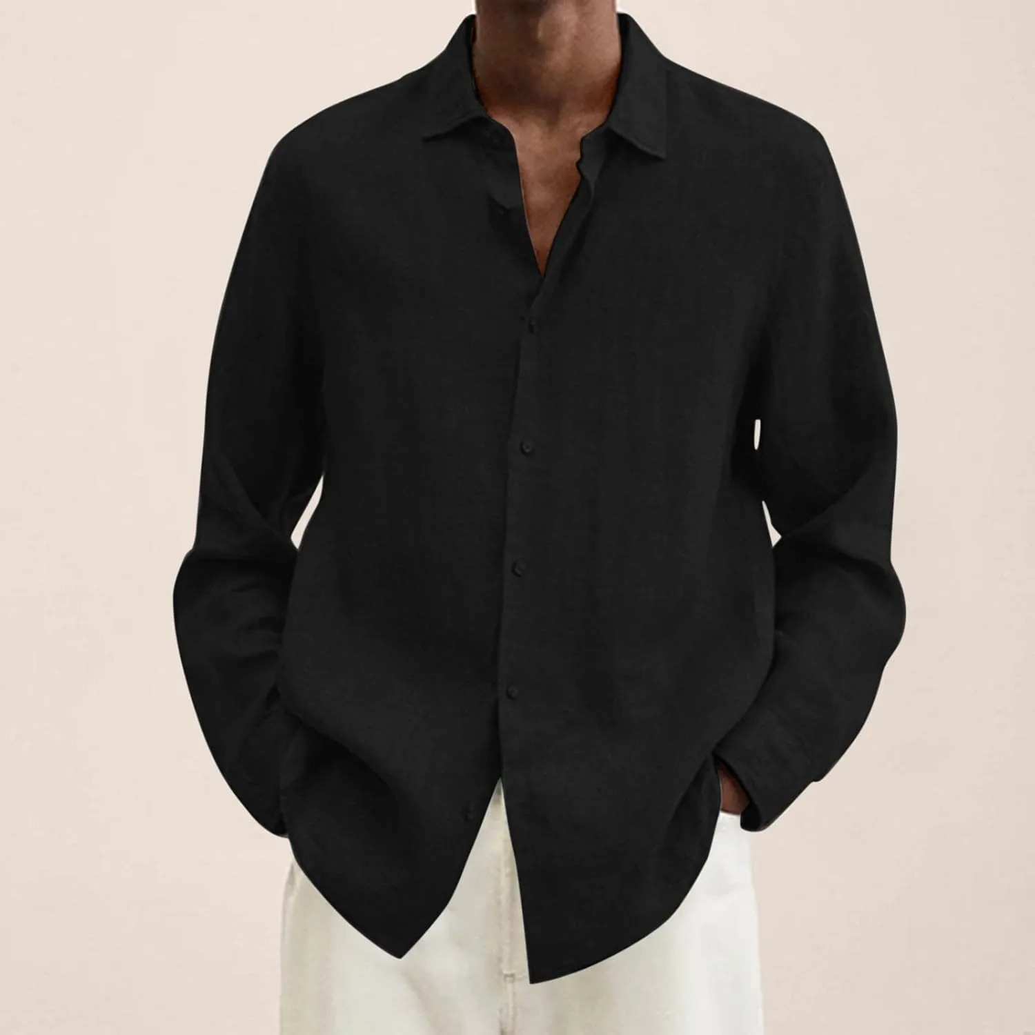 Mens Cotton Linen Long Sleeve Shirts Casual Lightweight Button Down T-shirts Summer Vacation Beach Tops Cuban Shirt