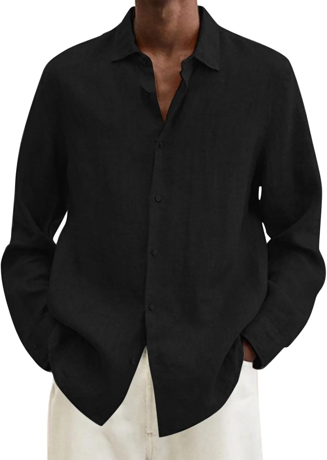 Mens Cotton Linen Long Sleeve Shirts Casual Lightweight Button Down T-shirts Summer Vacation Beach Tops Cuban Shirt