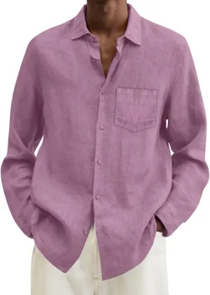 Mens Cotton Linen Long Sleeve Shirts Casual Lightweight Button Down T-shirts Summer Vacation Beach Tops Cuban Shirt