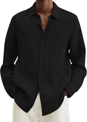 Mens Cotton Linen Long Sleeve Shirts Casual Lightweight Button Down T-shirts Summer Vacation Beach Tops Cuban Shirt