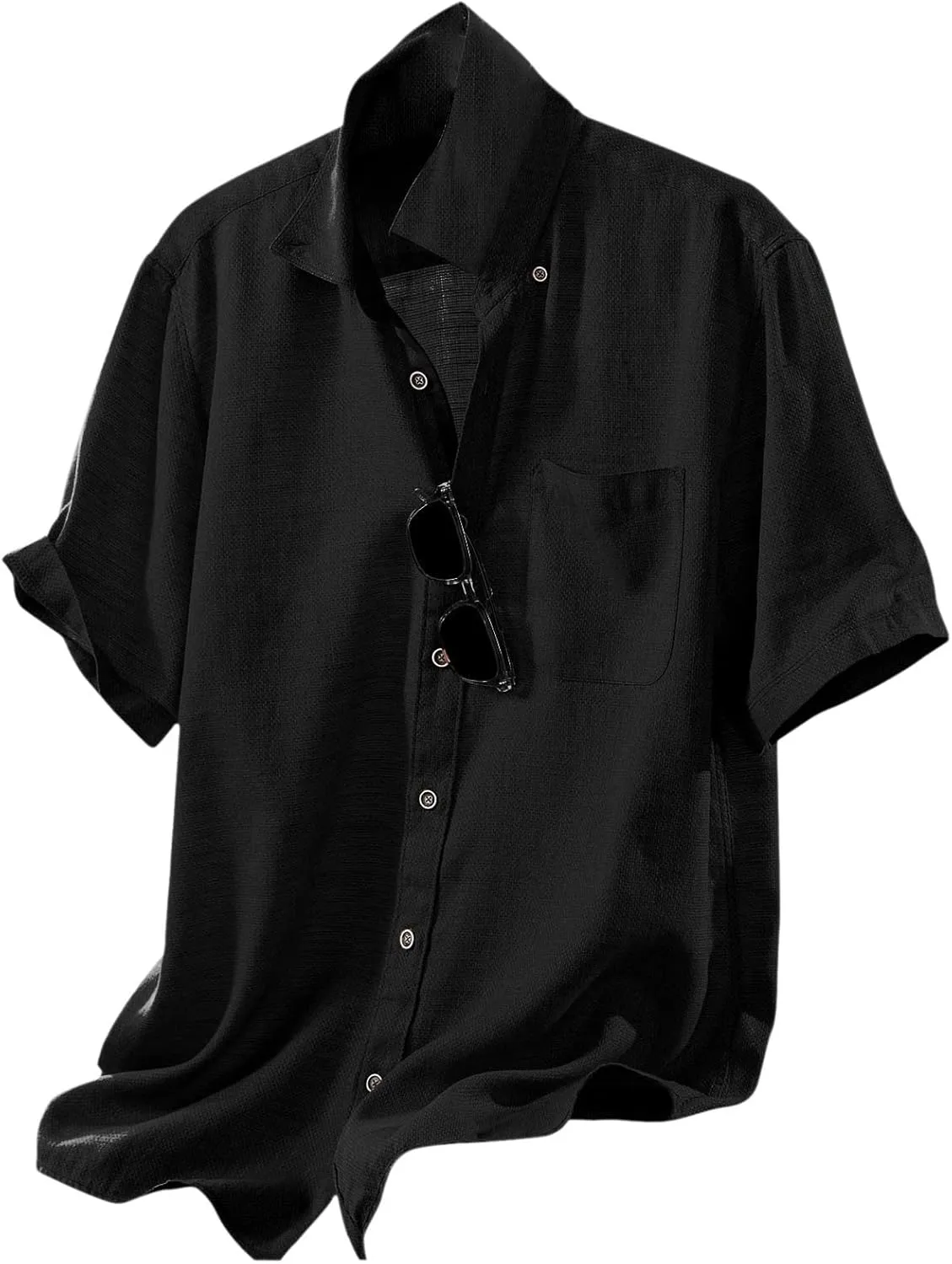 Men's Cotton Linen Shirt Short Sleeve Pocket Lapel Solid Color Top Button Down Casual Outings Beach Brunch Lounge Wear