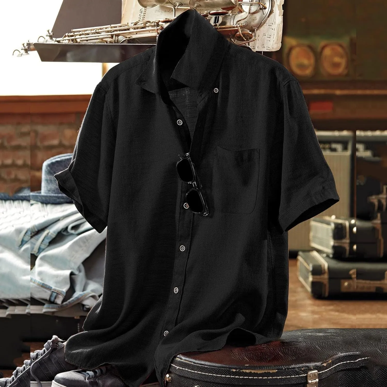 Men's Cotton Linen Shirt Short Sleeve Pocket Lapel Solid Color Top Button Down Casual Outings Beach Brunch Lounge Wear