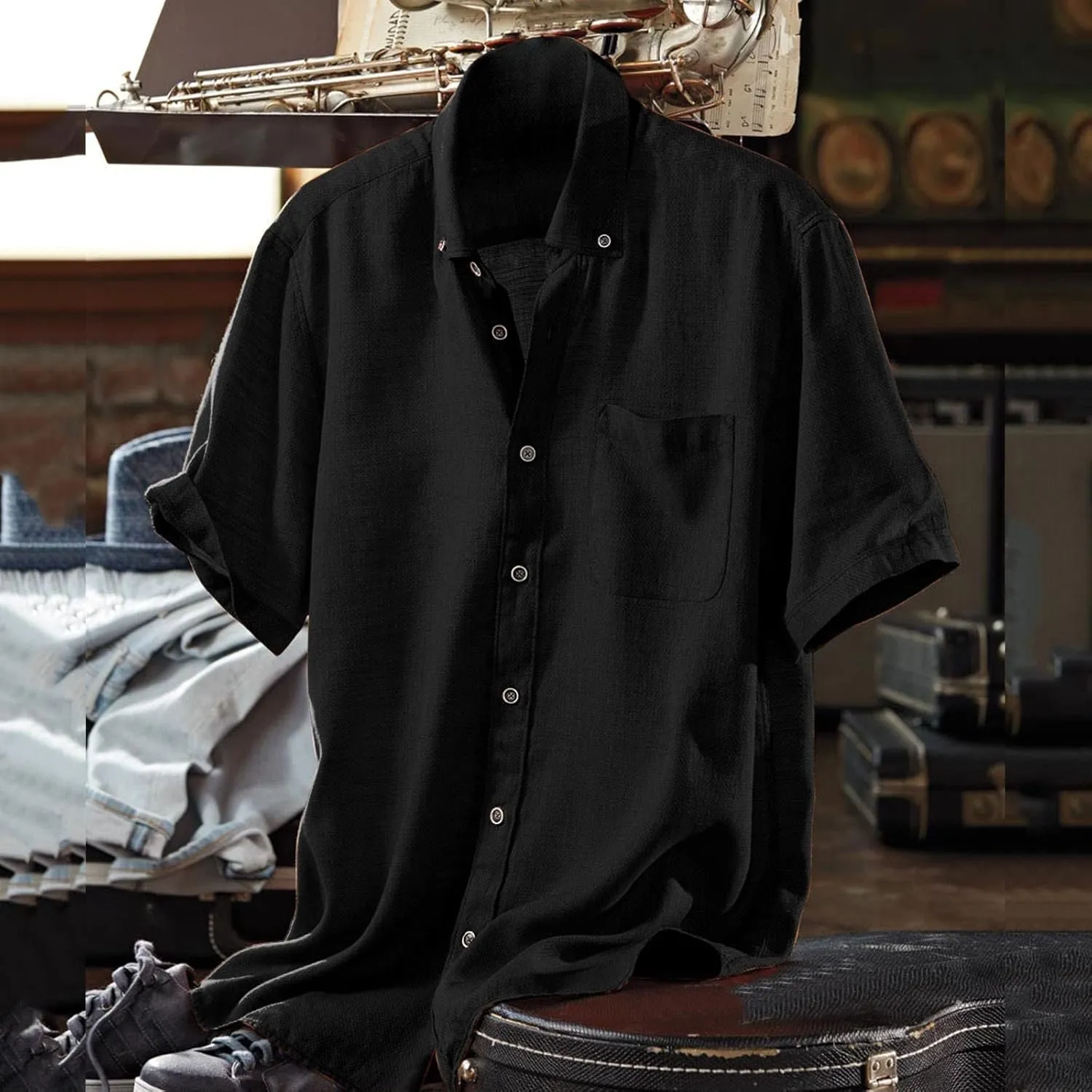 Men's Cotton Linen Shirt Short Sleeve Pocket Lapel Solid Color Top Button Down Casual Outings Beach Brunch Lounge Wear
