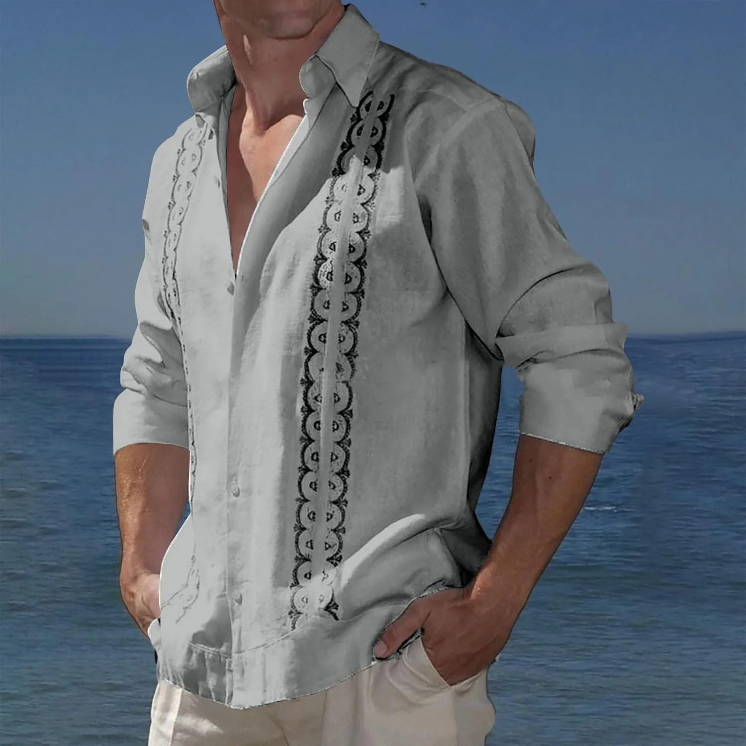Men's Cuban Guayabera Shirts - Casual Long Sleeve Cotton Linen Button Down Shirt Summer Regular Fit Beach Tops