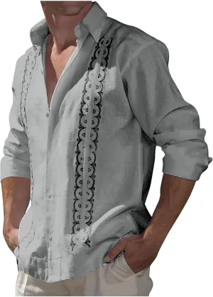 Men's Cuban Guayabera Shirts - Casual Long Sleeve Cotton Linen Button Down Shirt Summer Regular Fit Beach Tops