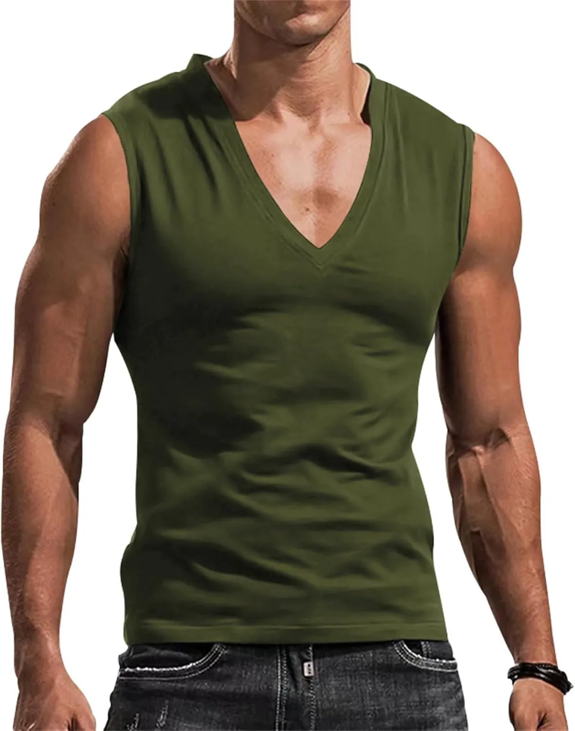 Mens Deep V Neck Tank Tops, Stretch Muscle Gym Workout Sleeveless Slim Fit Low Cut Tank Tops for Summer Beach