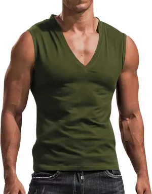 Mens Deep V Neck Tank Tops, Stretch Muscle Gym Workout Sleeveless Slim Fit Low Cut Tank Tops for Summer Beach