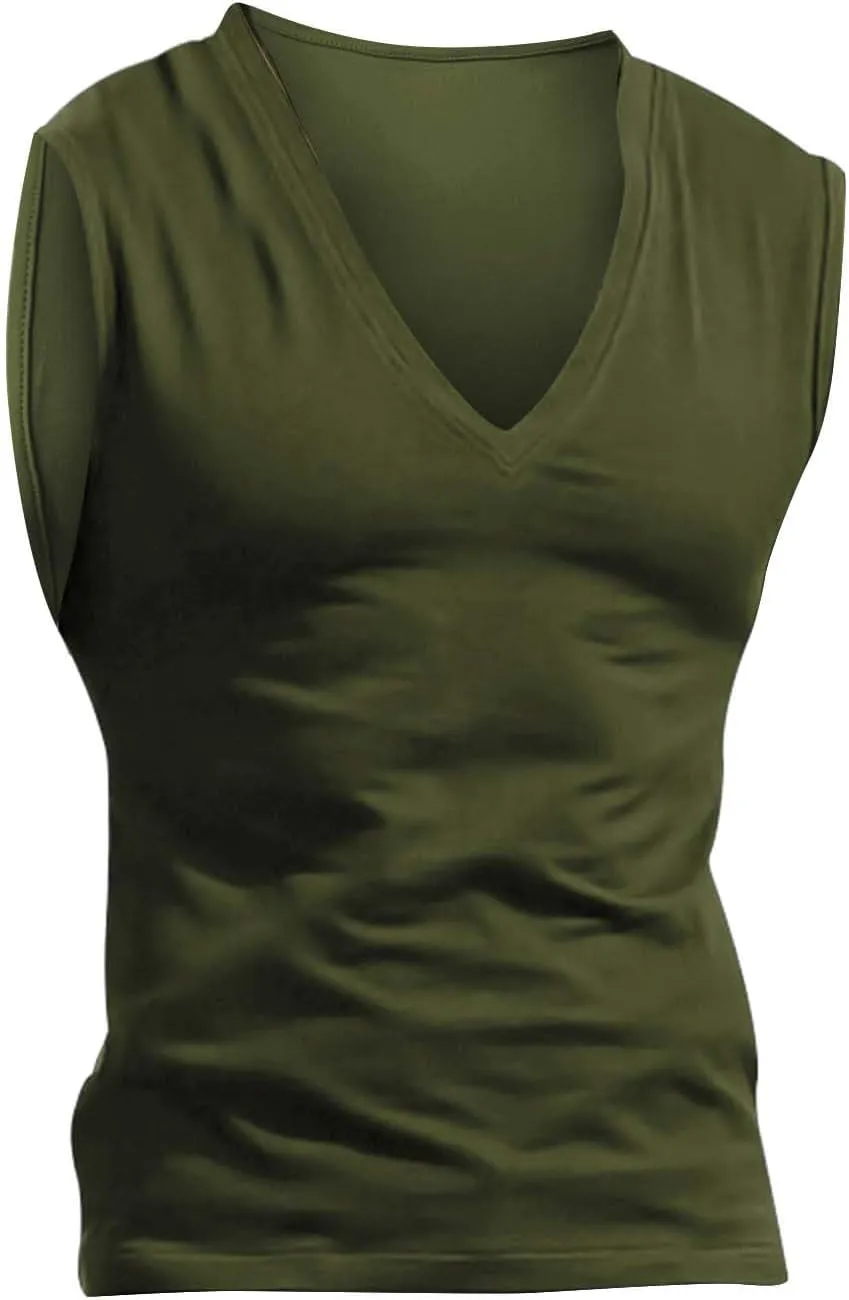 Mens Deep V Neck Tank Tops, Stretch Muscle Gym Workout Sleeveless Slim Fit Low Cut Tank Tops for Summer Beach