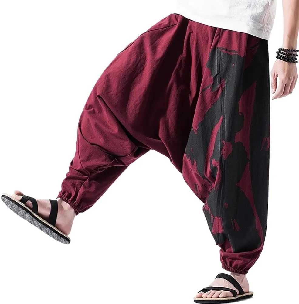 Men's Drawstring Boho Hippie Harem Pants Flying Crane Loose Drop Crotch Trousers Calligraphy Print Yoga Genie Pants (Red,XL,Men,Male,Adult,US,Alpha,26.99,X-Large,Regular,Regular)