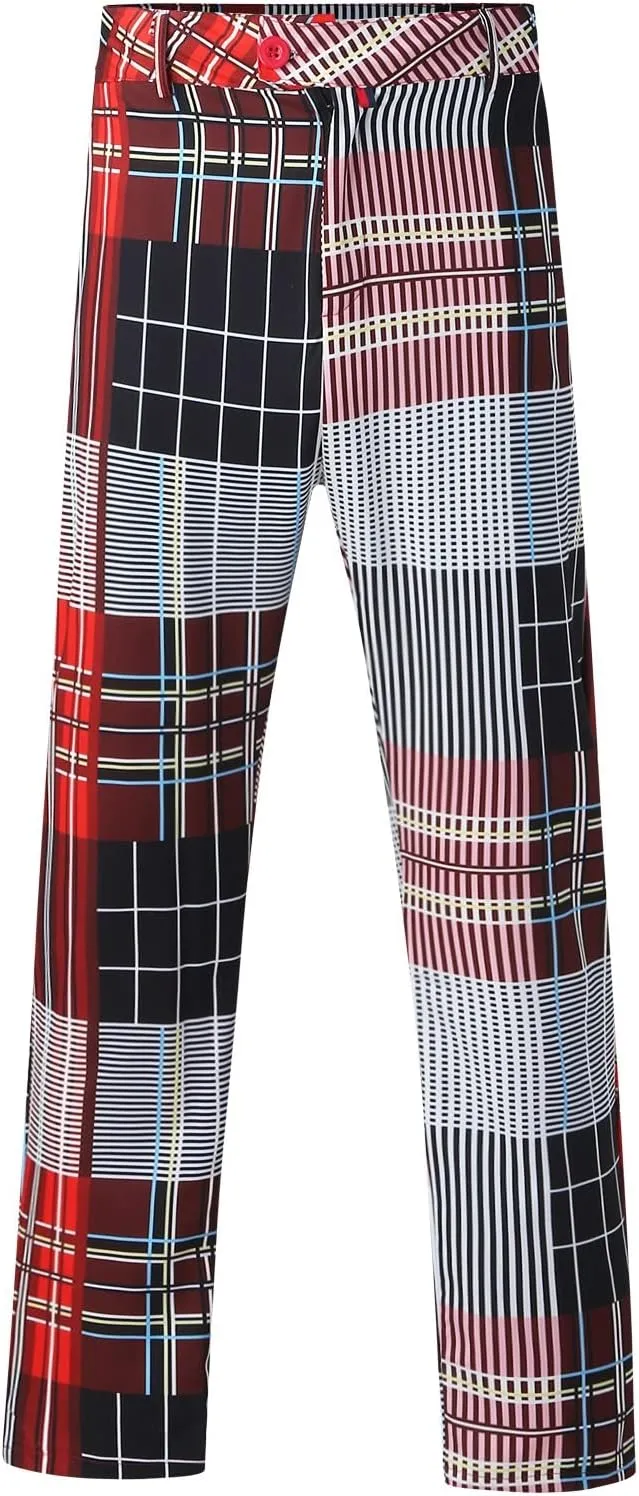 Mens Fashion Chinos Plaid Stretch Dress Pants Slim Fit Casual Business Suit Pants Big and Tall Flat-Front Golf Pants