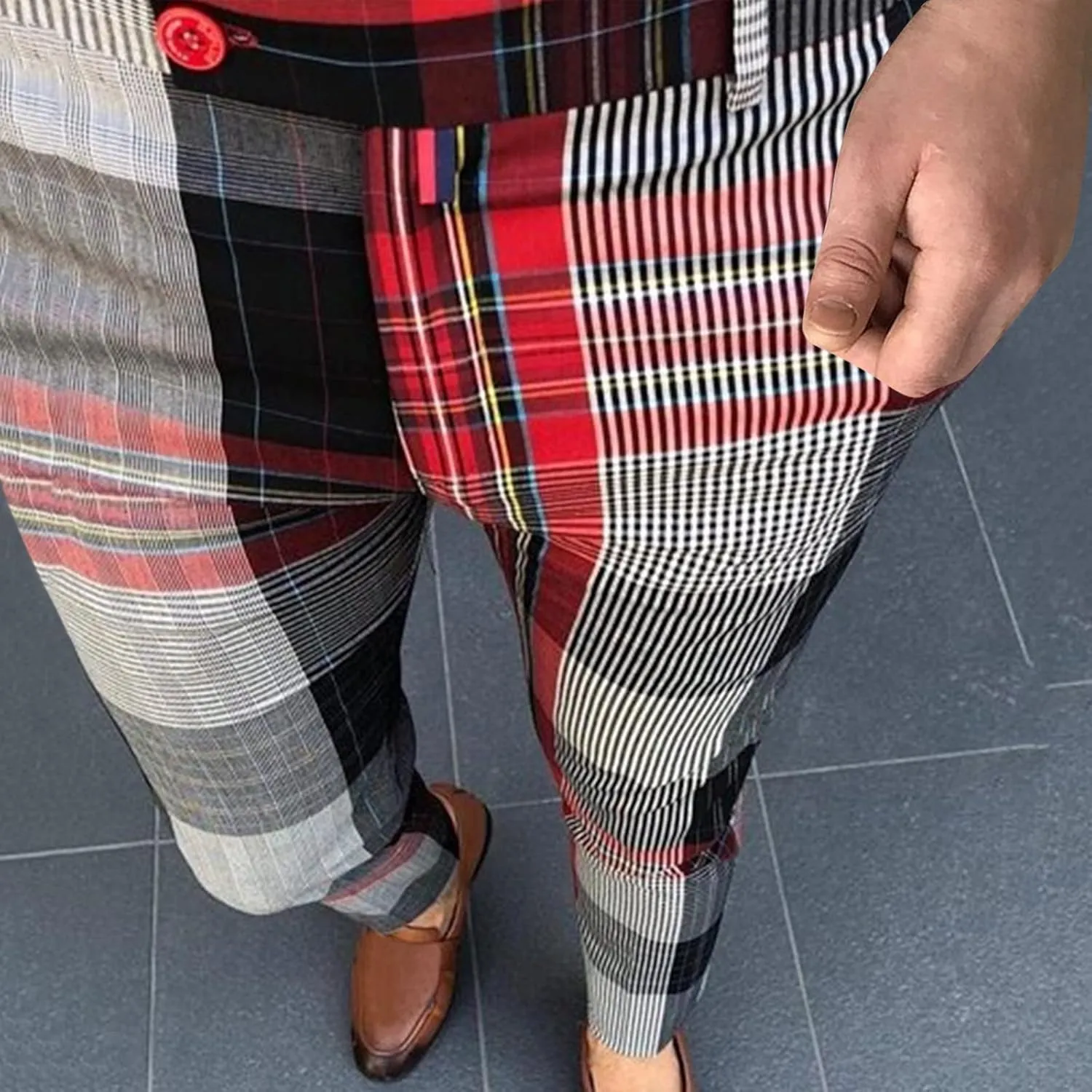 Mens Fashion Chinos Plaid Stretch Dress Pants Slim Fit Casual Business Suit Pants Big and Tall Flat-Front Golf Pants