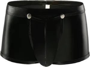 Men's Faux Leather Boxer Briefs Underpants Low Waisted Smooth Underwear Shorts Fashion Removable Bulge Pouch Stretchy Panties Black One Size