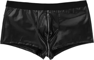 Mens Front Zipper Boxer Briefs With Faux Leather Low Waisted Stretch Lingerie Underpants Comfort Sexy Underwear Shorts Black One Size