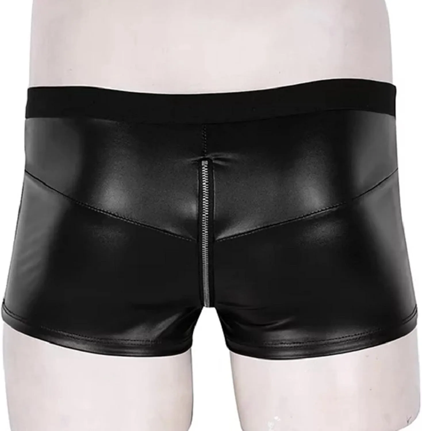 Mens Front Zipper Boxer Briefs With Faux Leather Low Waisted Stretch Lingerie Underpants Comfort Sexy Underwear Shorts