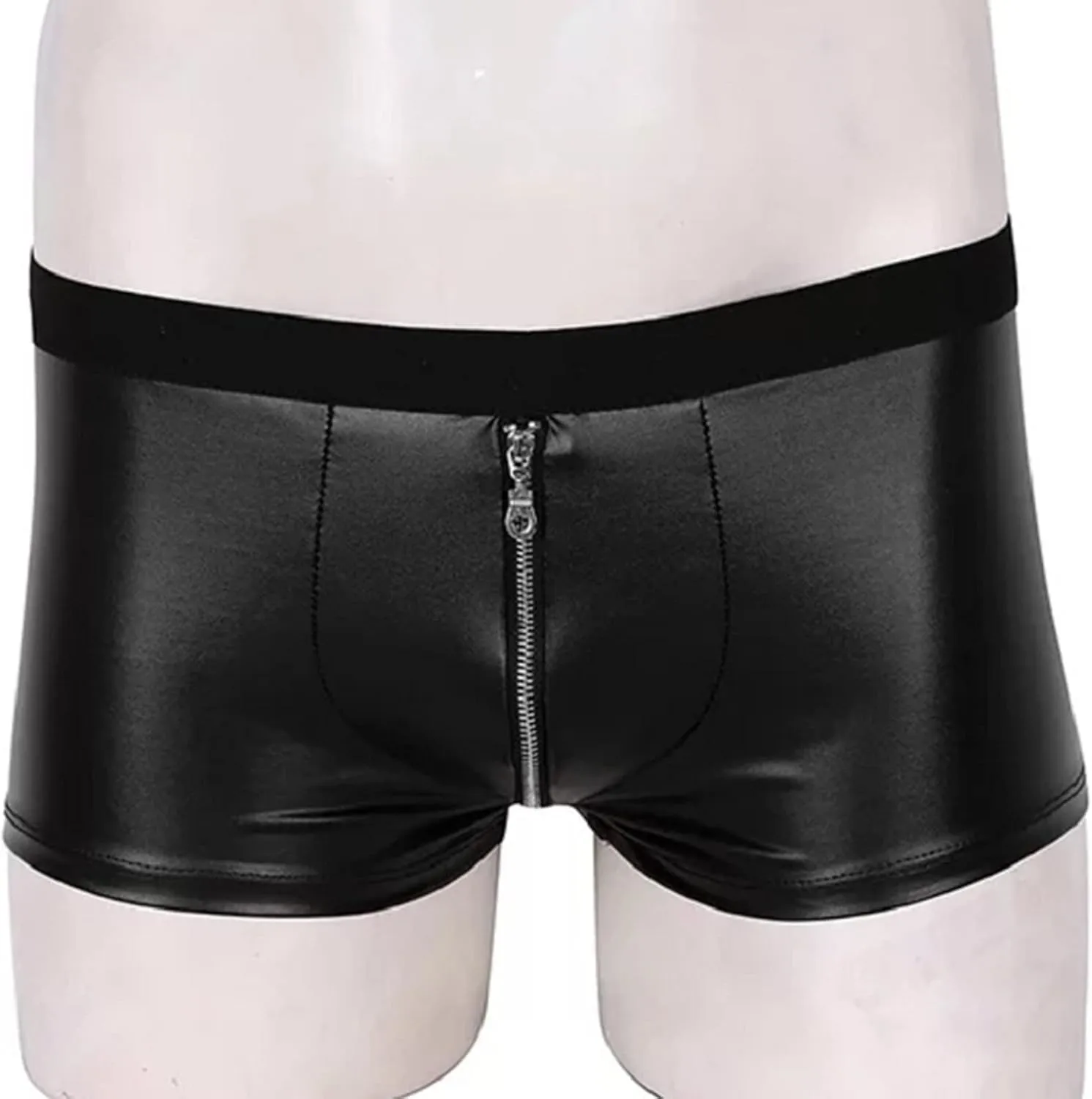 Mens Front Zipper Boxer Briefs With Faux Leather Low Waisted Stretch Lingerie Underpants Comfort Sexy Underwear Shorts