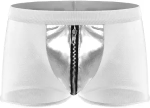 Men's Front Zipper Mesh Trunks With Faux Leather See-through Sheer Boxer Briefs Low Waisted Bulge Pouch Underwear Shorts White One Size