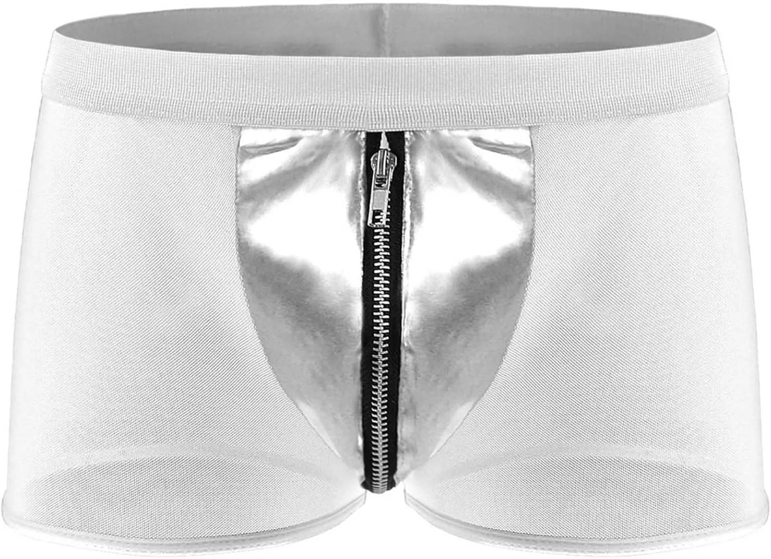 Men's Front Zipper Mesh Trunks With Faux Leather See-through Sheer Boxer Briefs Low Waisted Bulge Pouch Underwear Shorts White One Size