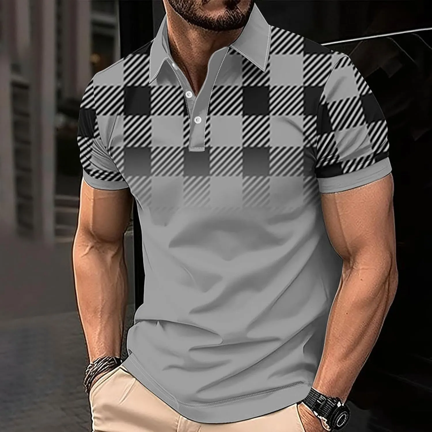 Mens Golf Shirts Short Sleeve Big and Tall Mesh Shirt Breathable,Plaid Graphic Print Shirt,Business Casual Summer