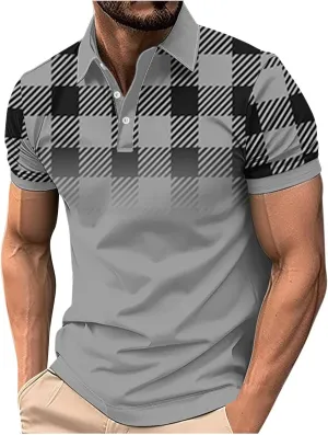 Mens Golf Shirts Short Sleeve Big and Tall Mesh Shirt Breathable,Plaid Graphic Print Shirt,Business Casual Summer