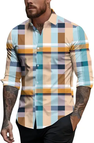 Mens Hawaiian Shirts Color Block Printed Casual Long Sleeve Button Down Turn Down Collar Slim Fit Beach Dress Shirts