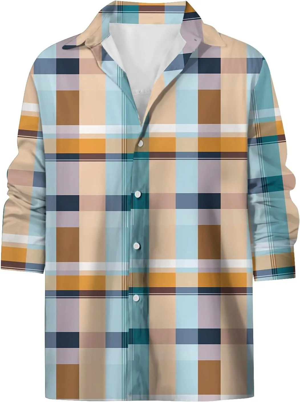 Mens Hawaiian Shirts Color Block Printed Casual Long Sleeve Button Down Turn Down Collar Slim Fit Beach Dress Shirts