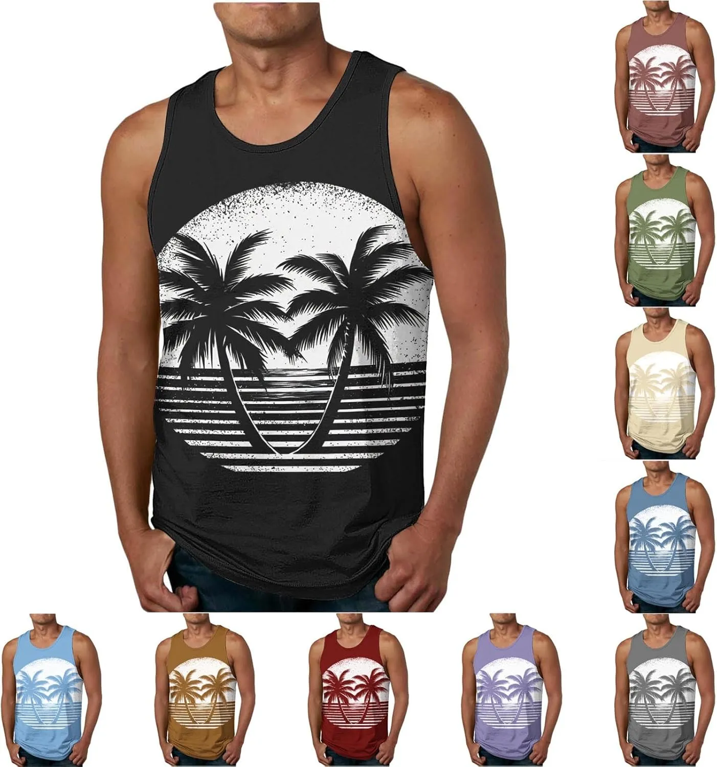 Men's Hawaiian Summer Tank Tops Palm Tree Printed Fashion Beach Tops Casual Sleeveless Pullover Loose Workout Tee Shirts