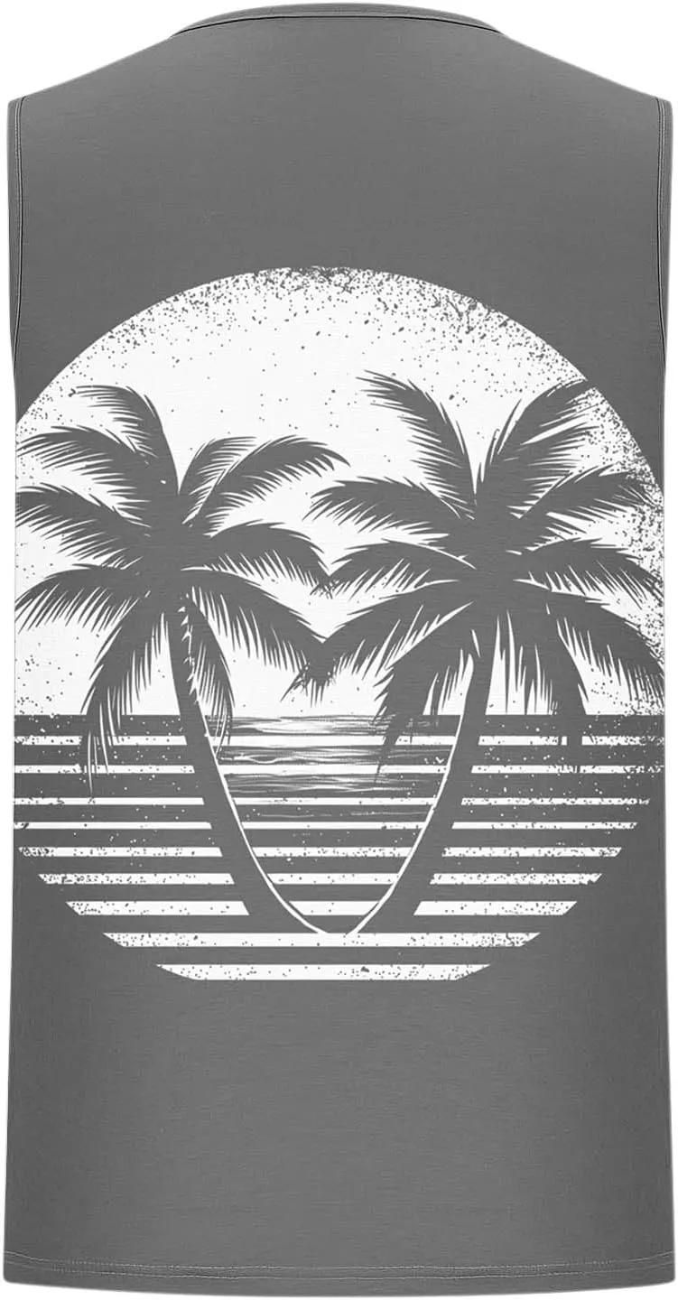 Men's Hawaiian Summer Tank Tops Palm Tree Printed Fashion Beach Tops Casual Sleeveless Pullover Loose Workout Tee Shirts