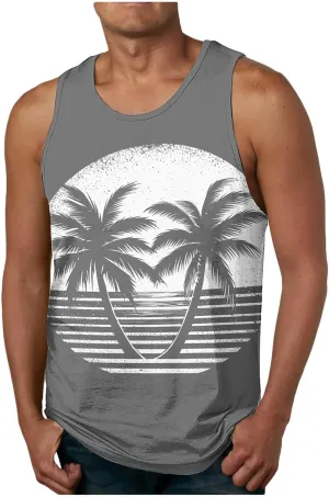 Men's Hawaiian Summer Tank Tops Palm Tree Printed Fashion Beach Tops Casual Sleeveless Pullover Loose Workout Tee Shirts
