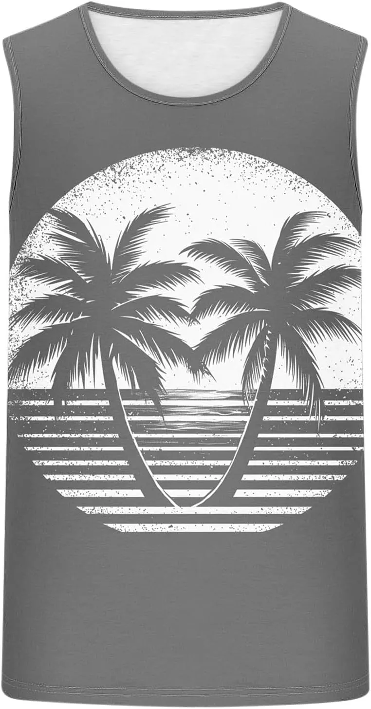 Men's Hawaiian Summer Tank Tops Palm Tree Printed Fashion Beach Tops Casual Sleeveless Pullover Loose Workout Tee Shirts