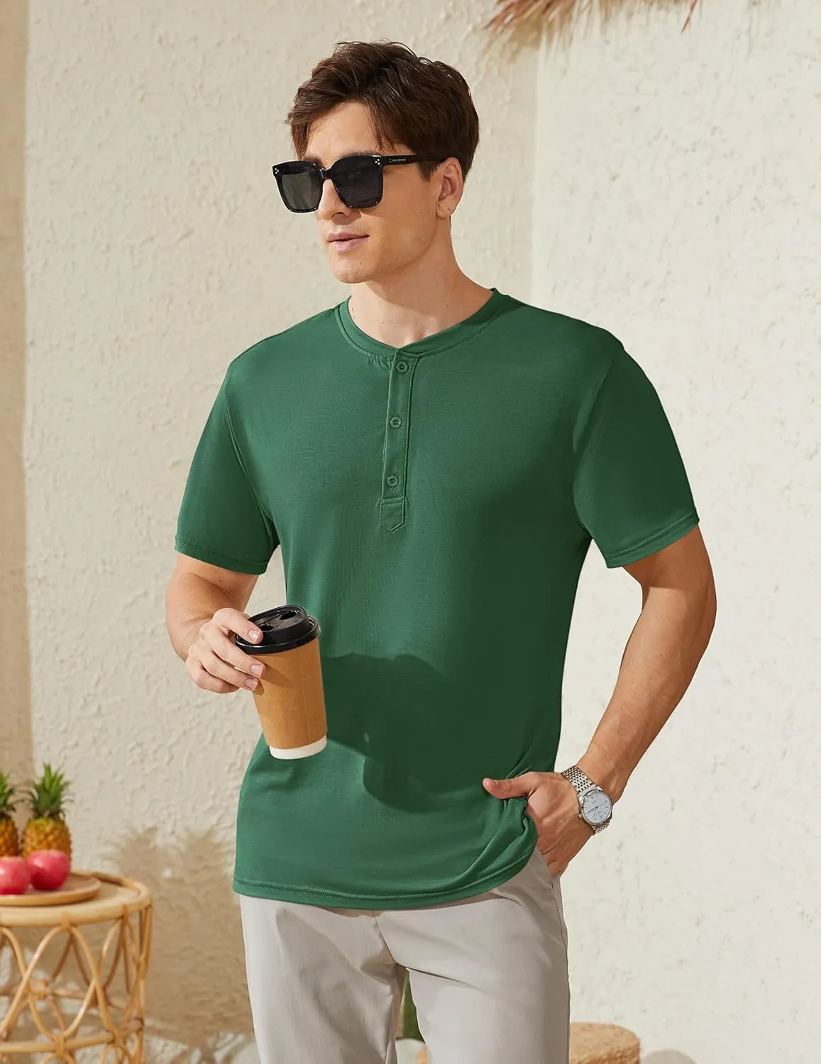 Men's Henley Short Sleeve Shirts Casual T-Shirts Button Top Summer Soild Basic Tee