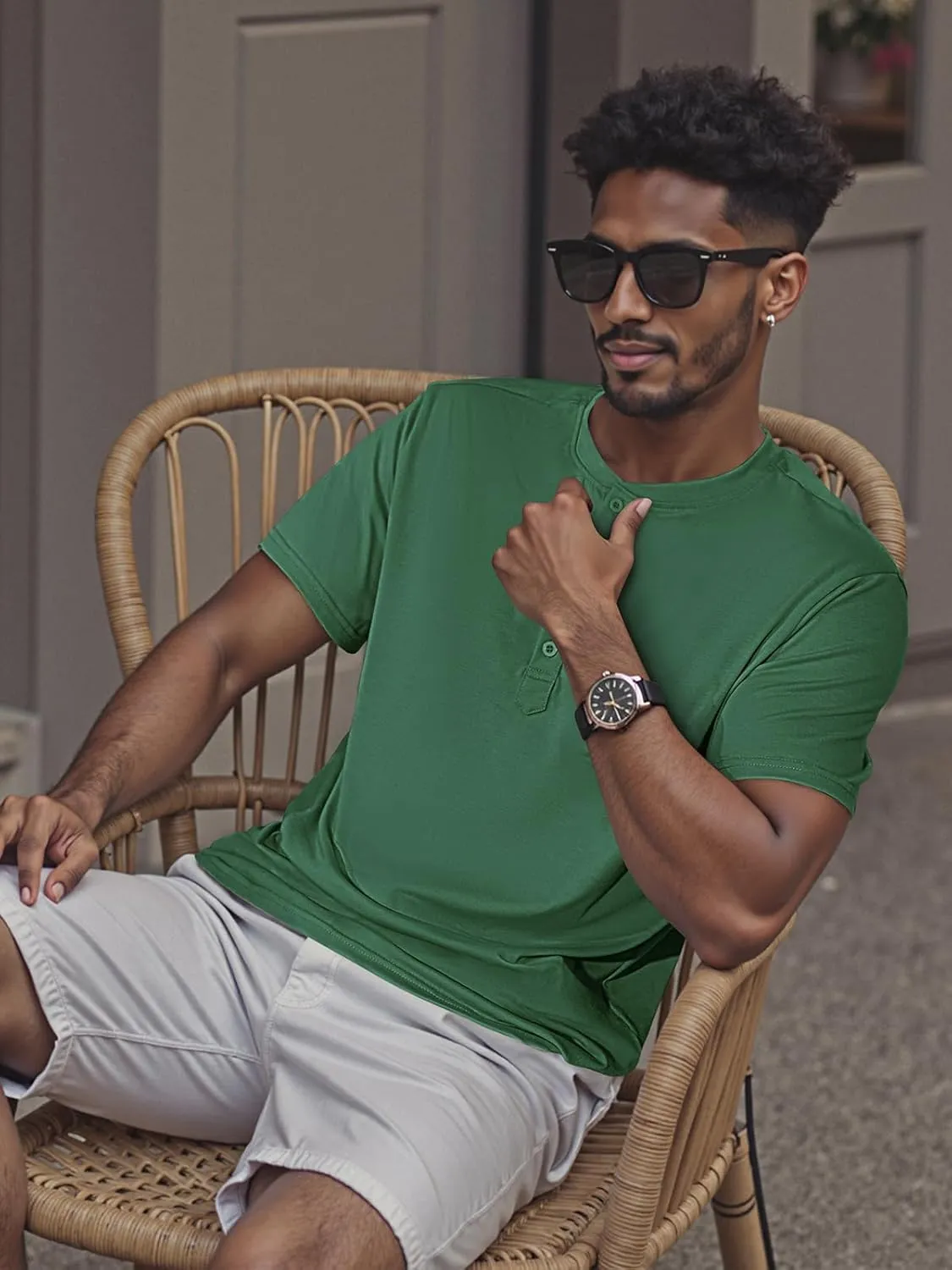 Men's Henley Short Sleeve Shirts Casual T-Shirts Button Top Summer Soild Basic Tee