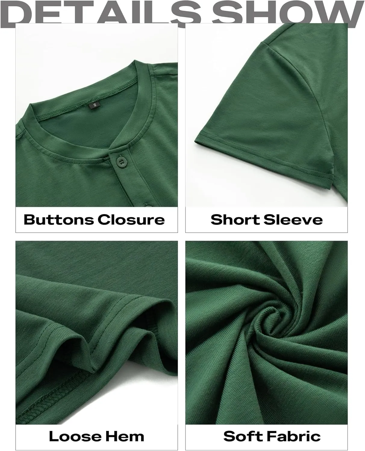 Men's Henley Short Sleeve Shirts Casual T-Shirts Button Top Summer Soild Basic Tee