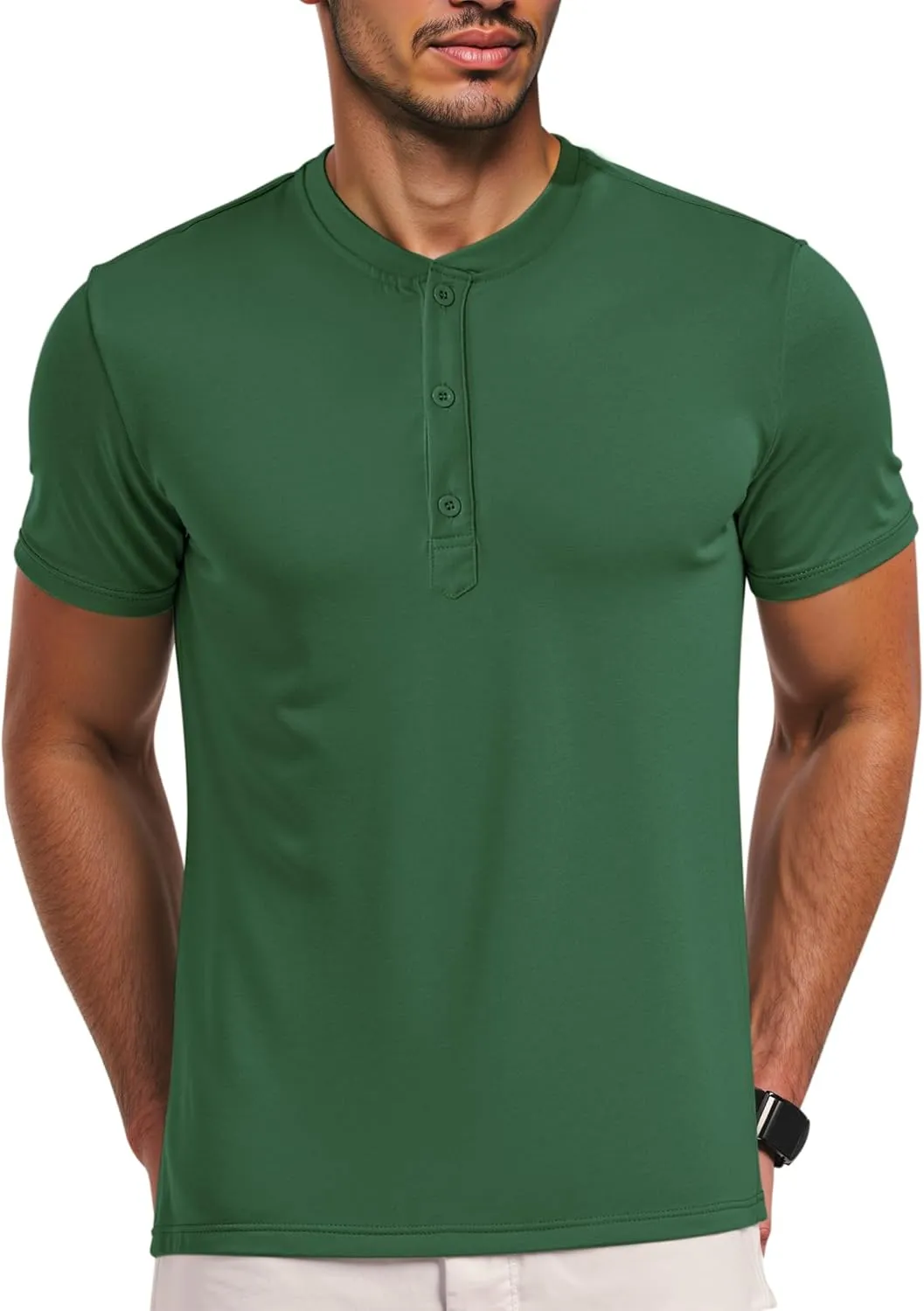 Men's Henley Short Sleeve Shirts Casual T-Shirts Button Top Summer Soild Basic Tee