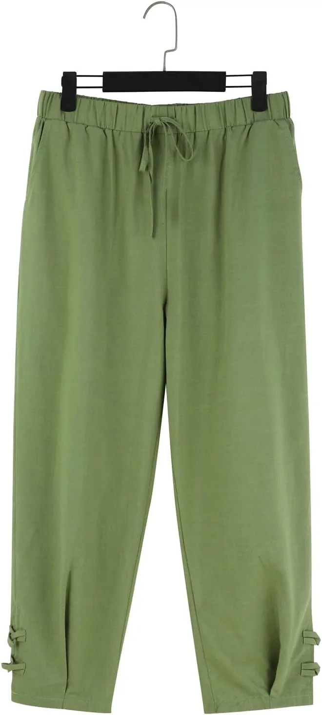 Men's Linen Casual Pants with Pockets Summer Elastic Waist Basic Capris Solid Leisure Athletic Five Short Pant Big and Tall