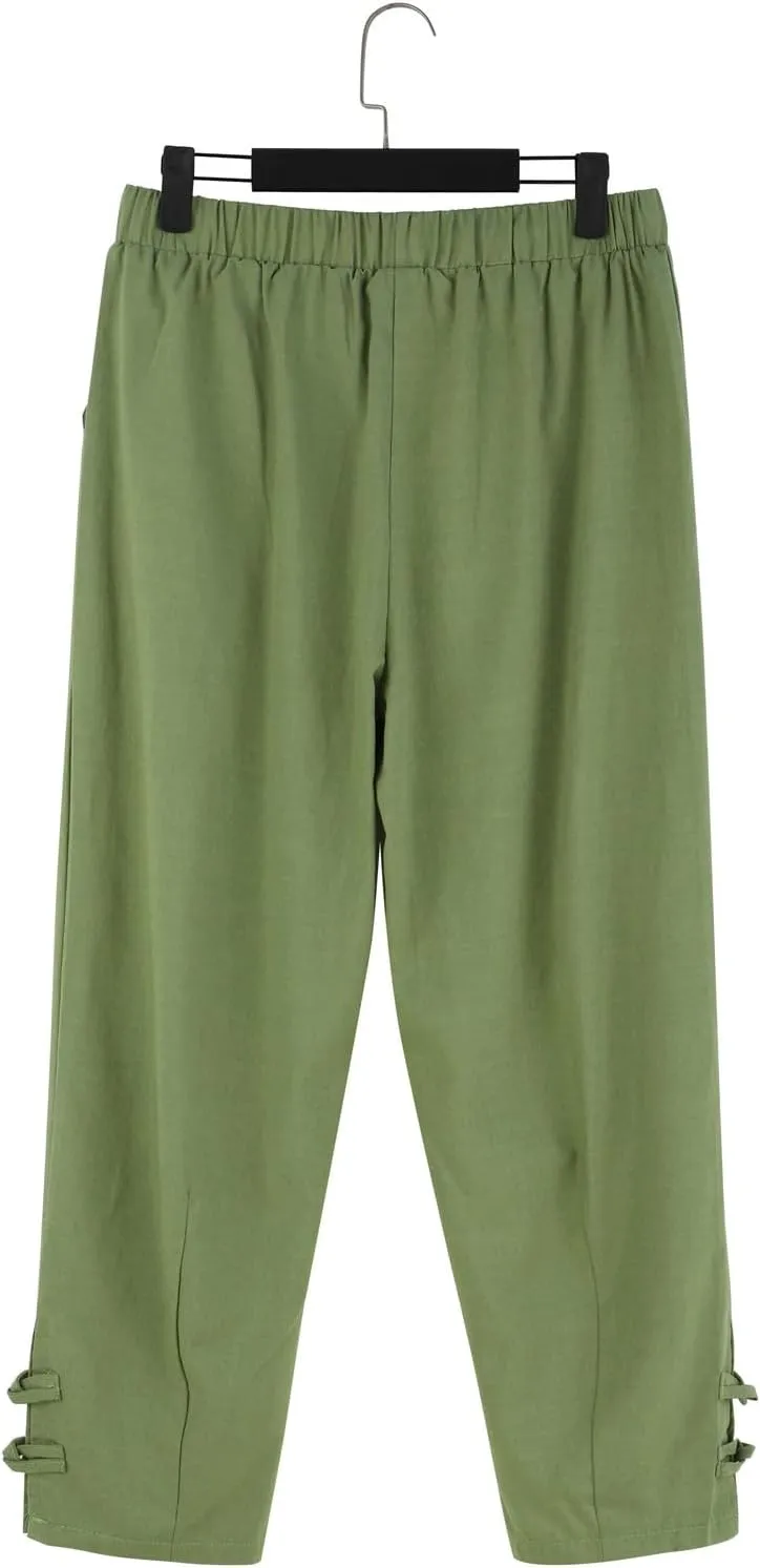 Men's Linen Casual Pants with Pockets Summer Elastic Waist Basic Capris Solid Leisure Athletic Five Short Pant Big and Tall