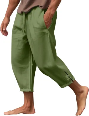 Men's Linen Casual Pants with Pockets Summer Elastic Waist Basic Capris Solid Leisure Athletic Five Short Pant Big and Tall