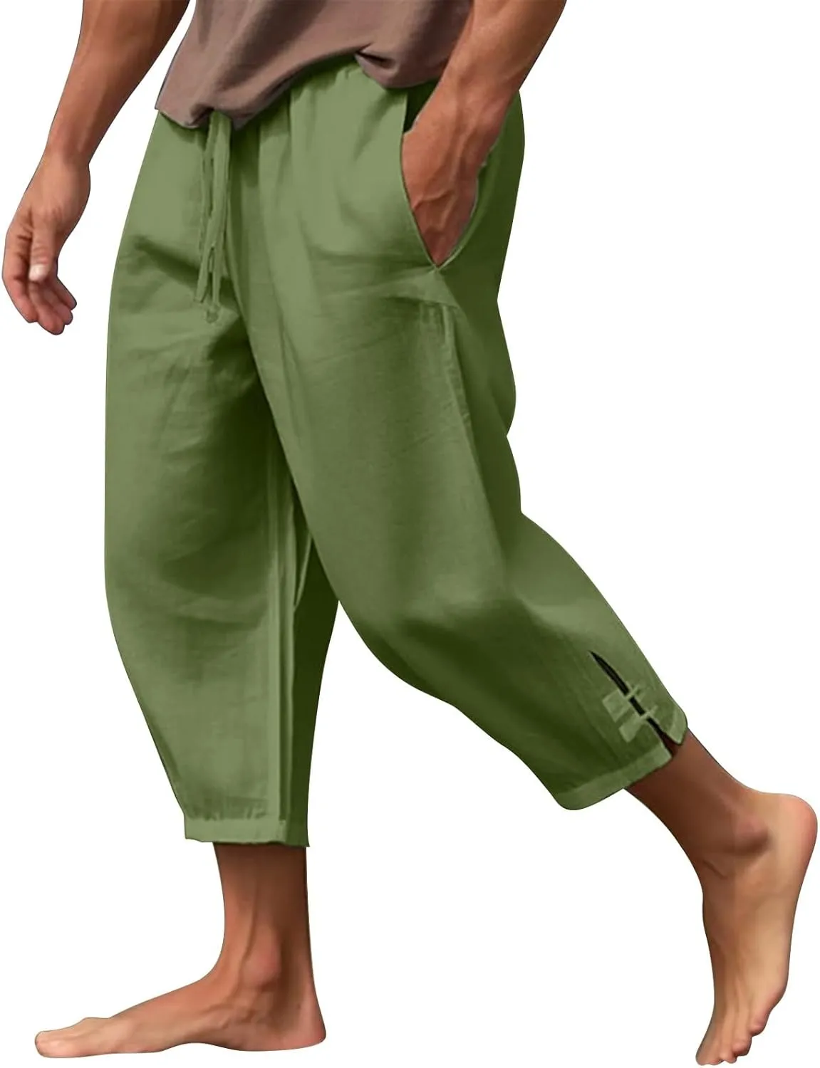 Men's Linen Casual Pants with Pockets Summer Elastic Waist Basic Capris Solid Leisure Athletic Five Short Pant Big and Tall