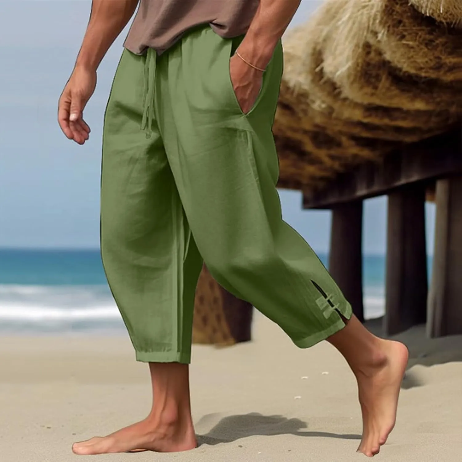 Men's Linen Casual Pants with Pockets Summer Elastic Waist Basic Capris Solid Leisure Athletic Five Short Pant Big and Tall