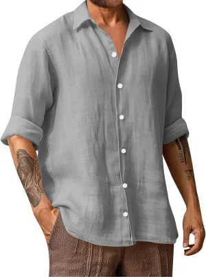 Men's Linen Dress Shirt Regular Fit Stretch Long Sleeve Solid Business Wedding Button Down Stretch Shirts Plus Size