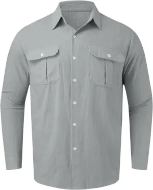 Mens Linen Shirt Casual Button Down Long Sleeve Trendy Business Tops with Pockets Solid Color Basic Lapel Shirt 2025