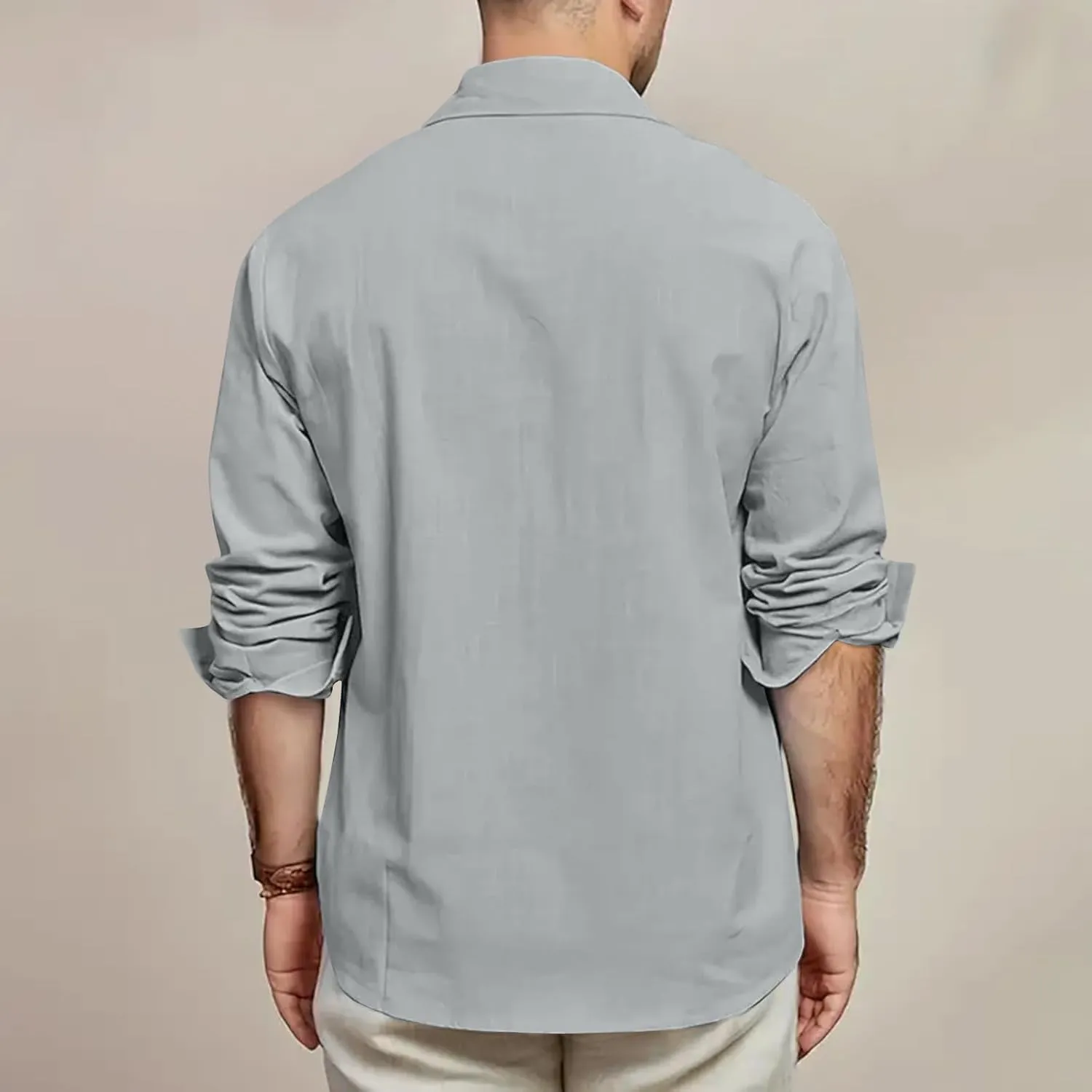 Mens Linen Shirt Casual Button Down Long Sleeve Trendy Business Tops with Pockets Solid Color Basic Lapel Shirt 2025