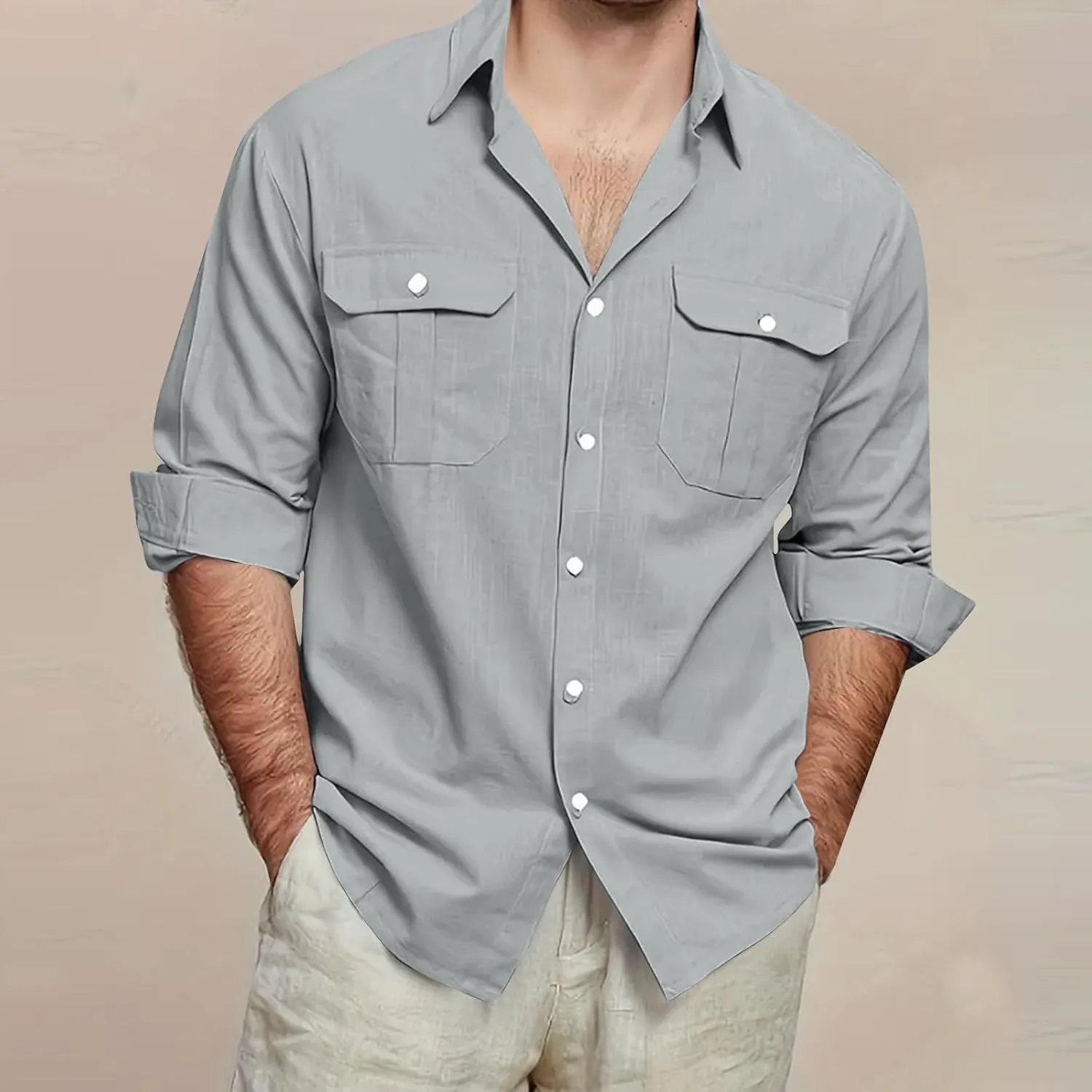 Mens Linen Shirt Casual Button Down Long Sleeve Trendy Business Tops with Pockets Solid Color Basic Lapel Shirt 2025