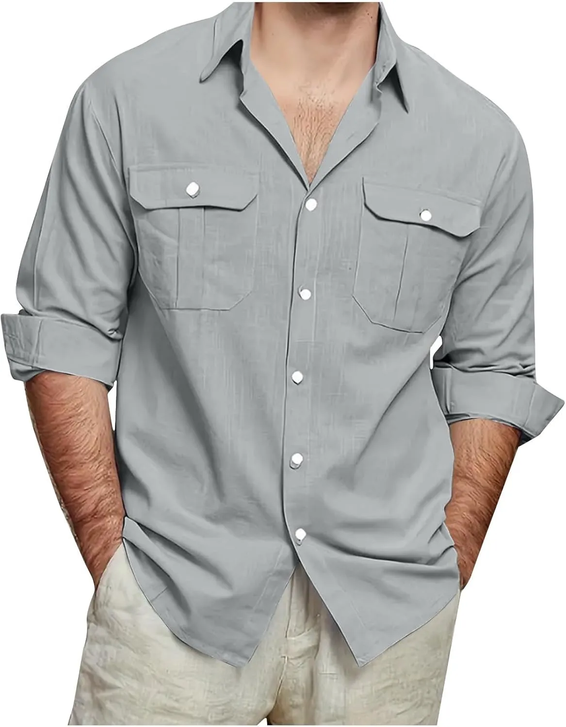 Mens Linen Shirt Casual Button Down Long Sleeve Trendy Business Tops with Pockets Solid Color Basic Lapel Shirt 2025