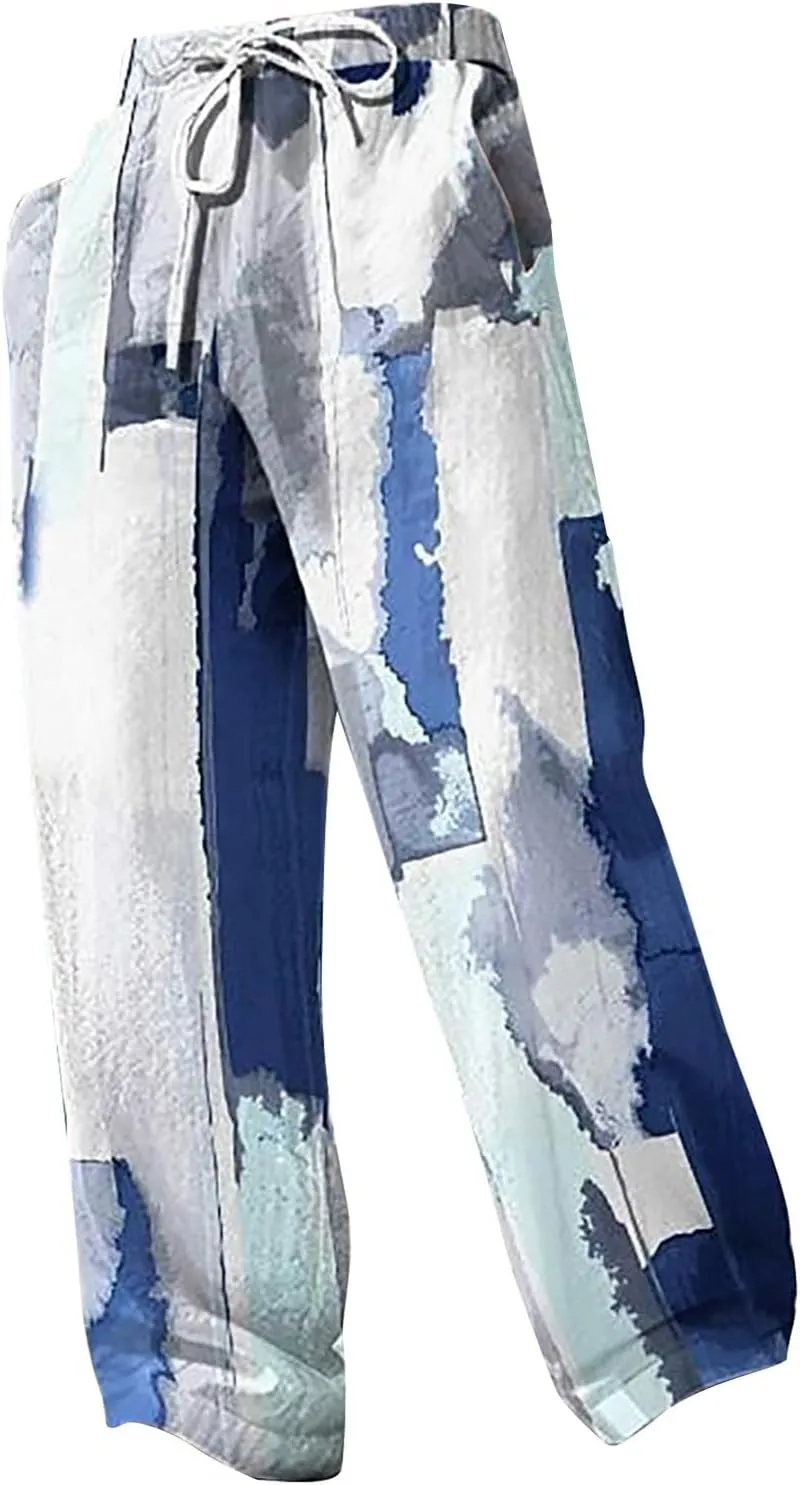 Men's Linen Trousers Summer Elastic High Waist Drawtring Pants Drawstring Lightweight Holiday Streetwears Summer Casual Pants