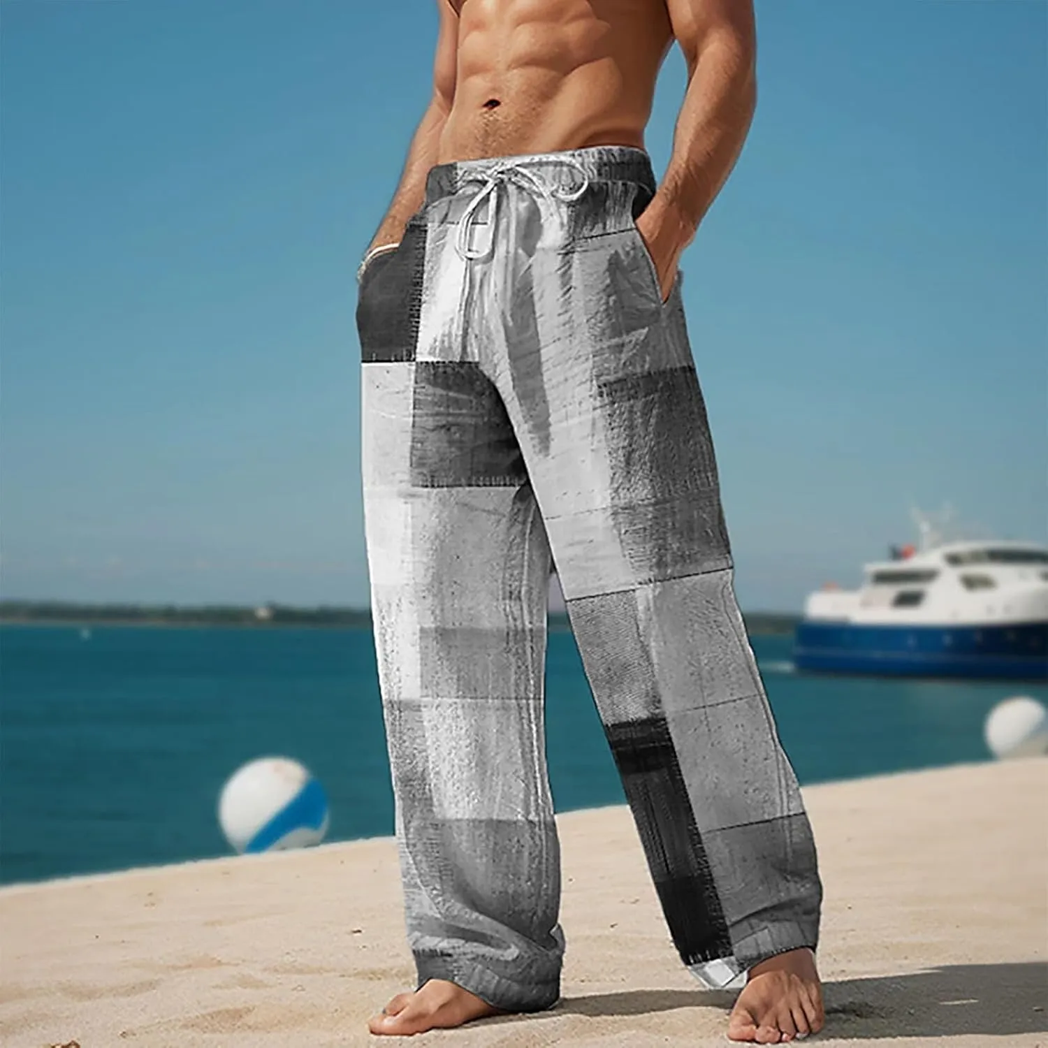 Men's Linen Trousers Summer Elastic High Waist Drawtring Pants Drawstring Lightweight Holiday Streetwears Summer Casual Pants