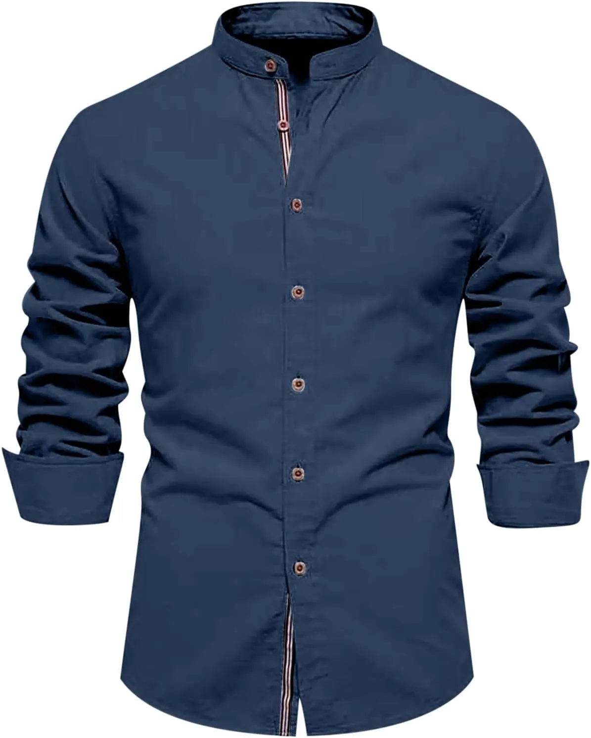 Mens Long Sleeve Cotton Linen T-Shirt Button Down Band Collar Beach Tops Casual Button Up Summer Oxford Dress Shirt